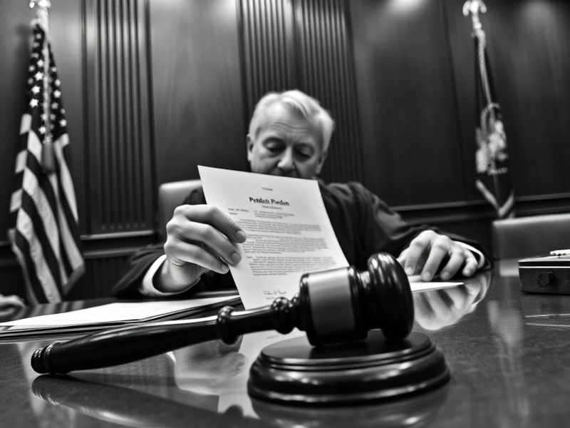 A symbolic courthouse scene at dusk, featuring a large presidential seal on the bench, a gavel resting on a pardon document,