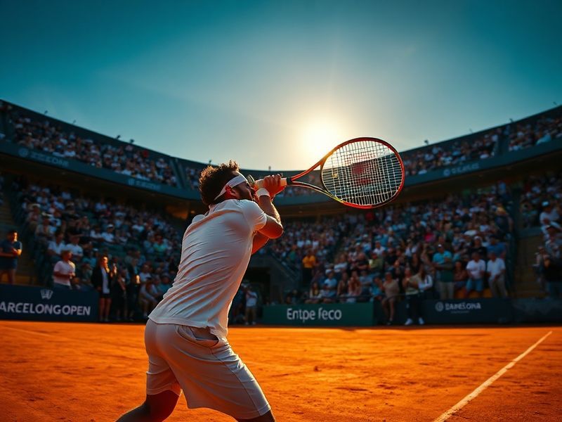A vibrant shot of the Real Club de Tenis Barcelona 1899 during the ATP Barcelona Open, featuring players in action on the cla