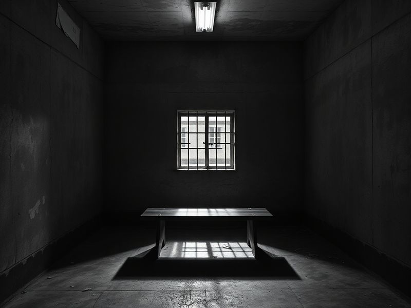 A realistic classroom scene: a solitary student sitting alone in a quiet detention room, facing a blank wall, with a clock sh