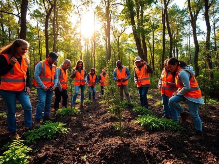 A diverse group of people planting trees in an urban park, with recycling bins and solar panels visible in the background, un