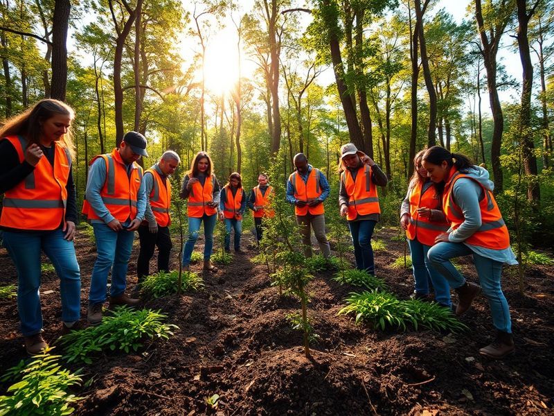 A diverse group of people planting trees in an urban park, with recycling bins and solar panels visible in the background, un