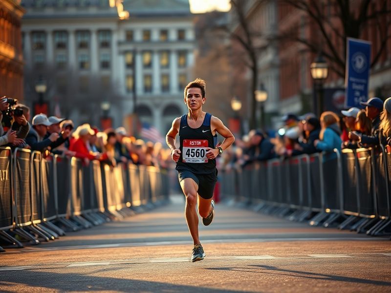 A vibrant scene of the Boston Marathon with runners approaching the finish line on Boylston Street, surrounded by cheering sp