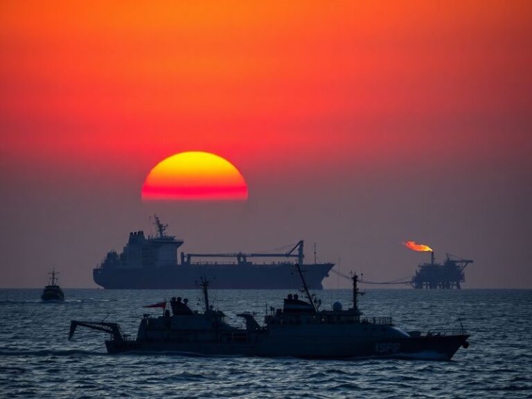 Aerial view of the Strait of Hormuz at dusk, showing oil tankers, naval ships, and the arid coastline of Iran and Oman, with