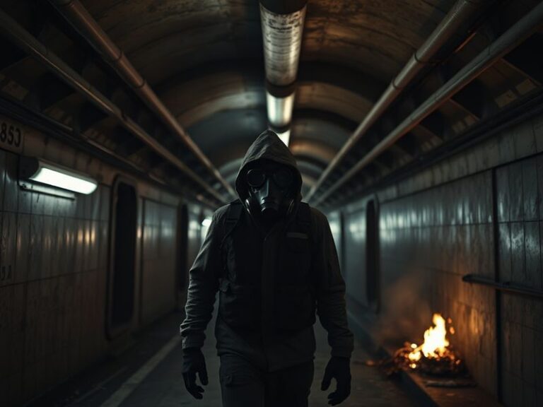 A dark, atmospheric screenshot of Metro 2039 showing a player character in a grimy Metro tunnel, surrounded by flickering lig