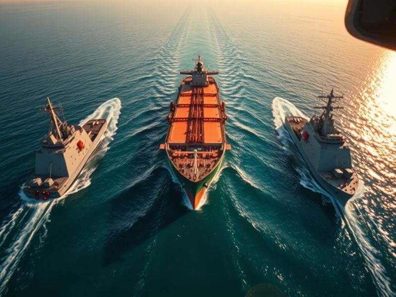 Aerial view of the Strait of Hormuz at sunset showing multiple oil tankers and naval vessels, with the arid coastline of Iran