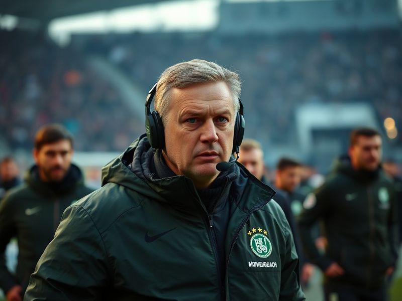 A mid-action shot of Marco Rose on the touchline during a Bundesliga match, wearing a dark blue Borussia Dortmund tracksuit w