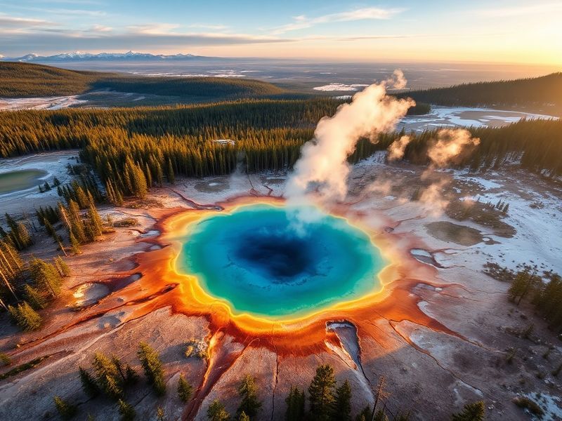 A panoramic view of Yellowstone's Grand Prismatic Spring at sunrise, with steam rising from the brilliant blue and orange the