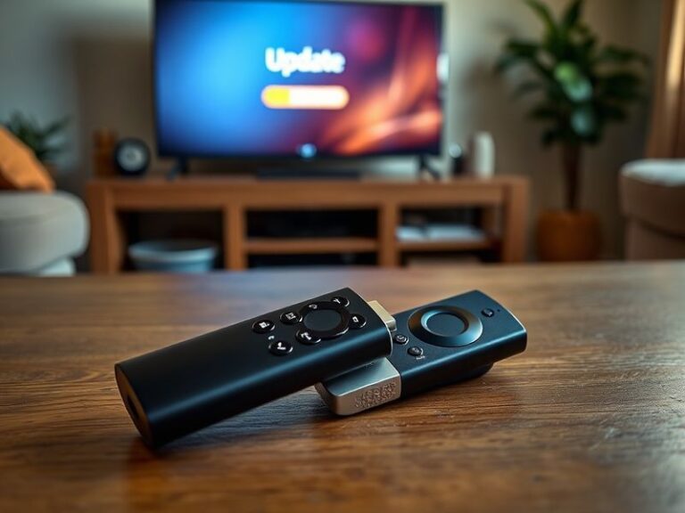 A Fire TV Stick remote and device displayed on a modern TV screen, showing the updated interface with vibrant app icons and r