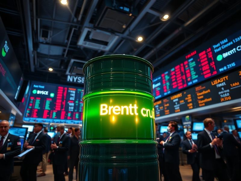 A global oil market visualization with a world map, oil rigs in the North Sea, and rising/falling price charts, set against a