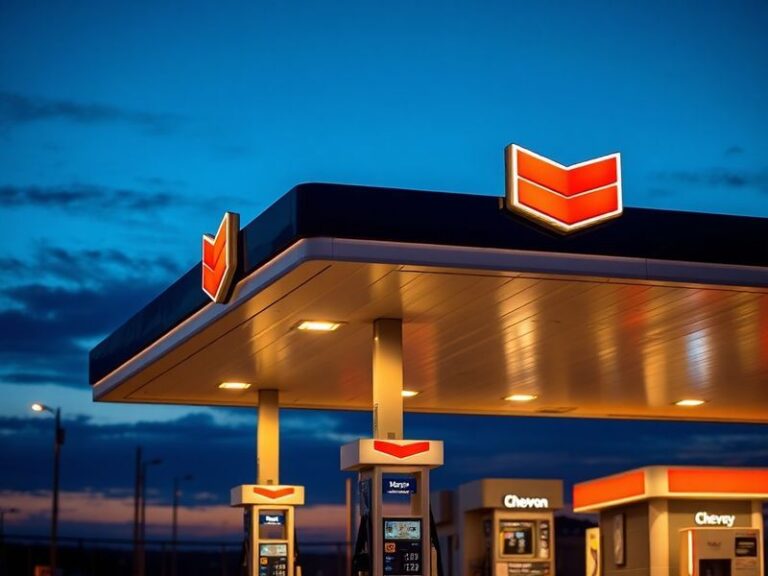 A split-image illustration: on the left, a modern Chevron gas station at dusk with a digital stock ticker displaying 'CVX' in