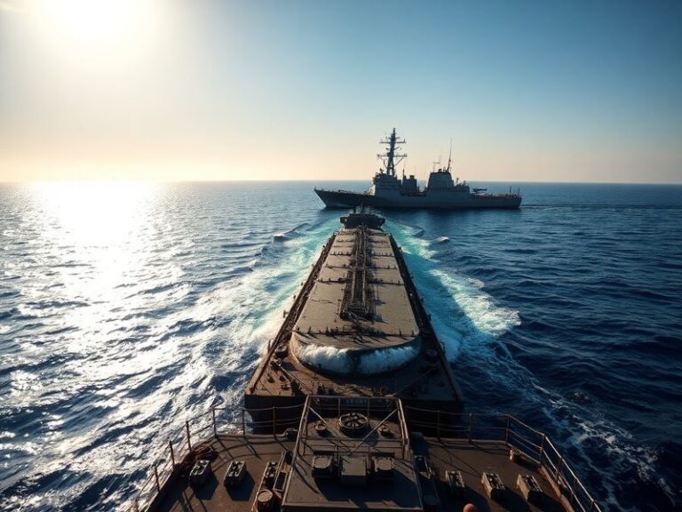 A wide-angle shot of a massive oil tanker navigating the narrow Strait of Hormuz, with Iranian and Omani coastlines visible i