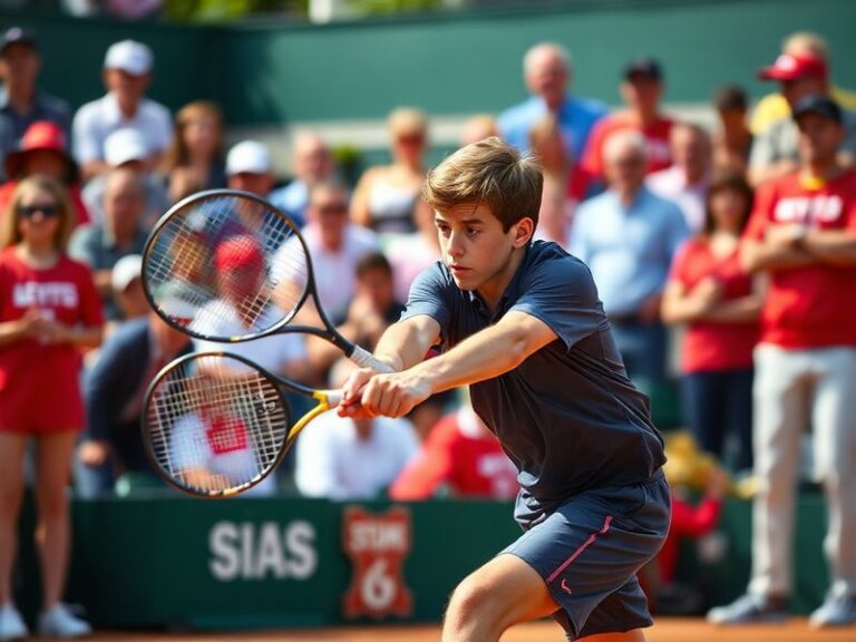 A dynamic action shot of Arthur Fils mid-forehand swing on a blue clay court, showcasing his athletic build, intense focus, a