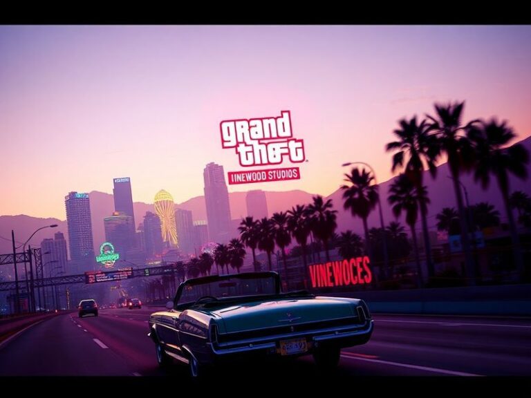 A cinematic teaser image of Vice City at night, bathed in neon lights and palm trees, with a blurred GTA VI logo in the foreg