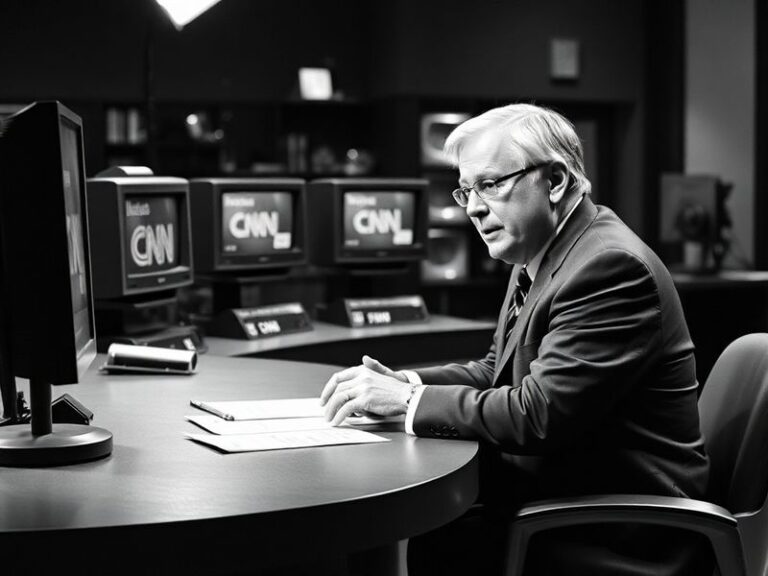 A black-and-white photo of Larry King in his CNN studio, mid-interview with a guest, wearing his signature suspenders and hol