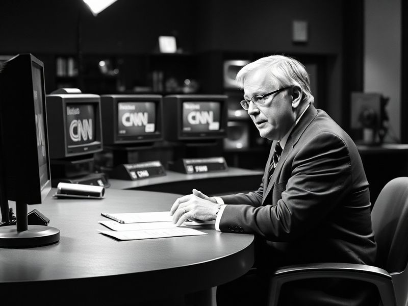 A black-and-white photo of Larry King in his CNN studio, mid-interview with a guest, wearing his signature suspenders and hol