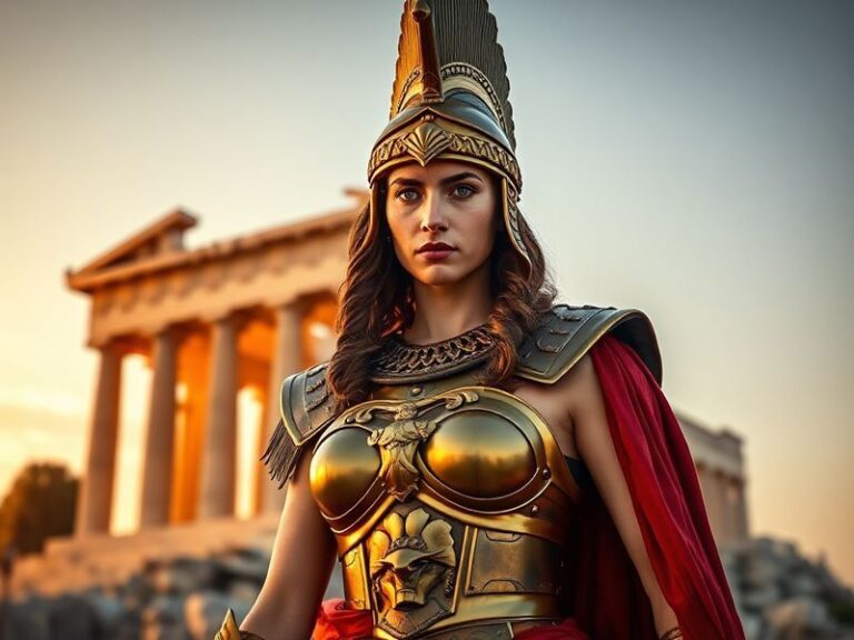 A classical marble statue of Athena standing in full armor, holding a spear and shield, with an owl perched beside her. The b