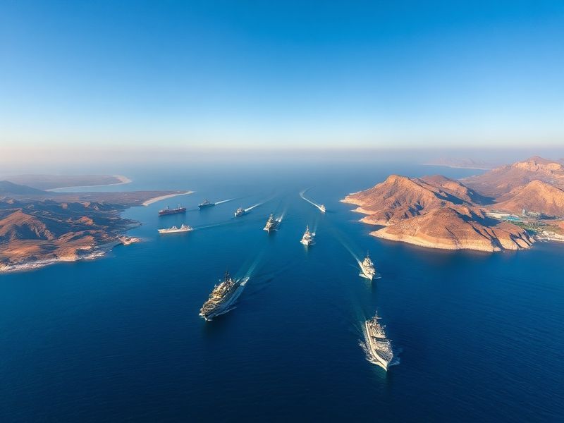 Aerial view of the Strait of Hormuz at dusk, with oil tankers navigating the narrow shipping lanes and military vessels patro