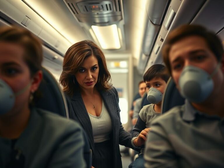 A concerned Carrie Ann Inaba in an airplane cabin, surrounded by anxious passengers, capturing the tense atmosphere of an eme