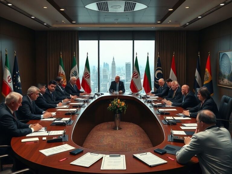 A diplomatic meeting scene with flags of Iran and world powers, symbolizing negotiations and international relations.