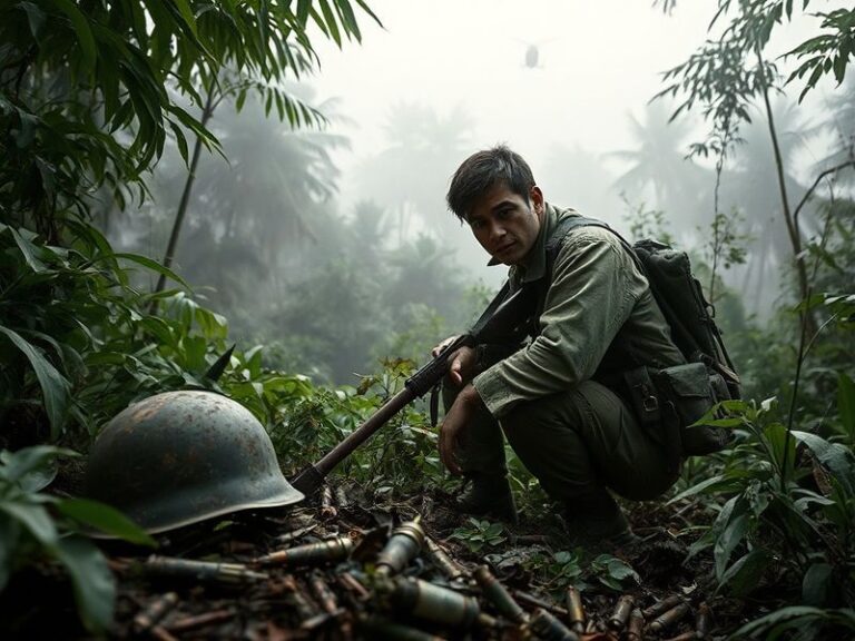 A historical photograph depicting soldiers in Vietnam, showcasing the dense jungle landscape and the somber mood of warfare.