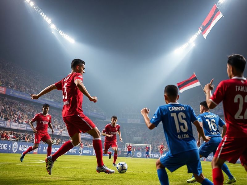 A dynamic football scene showing Al-Ahli and Johor Darul Ta'zim players competing for the ball, set against a vibrant stadium