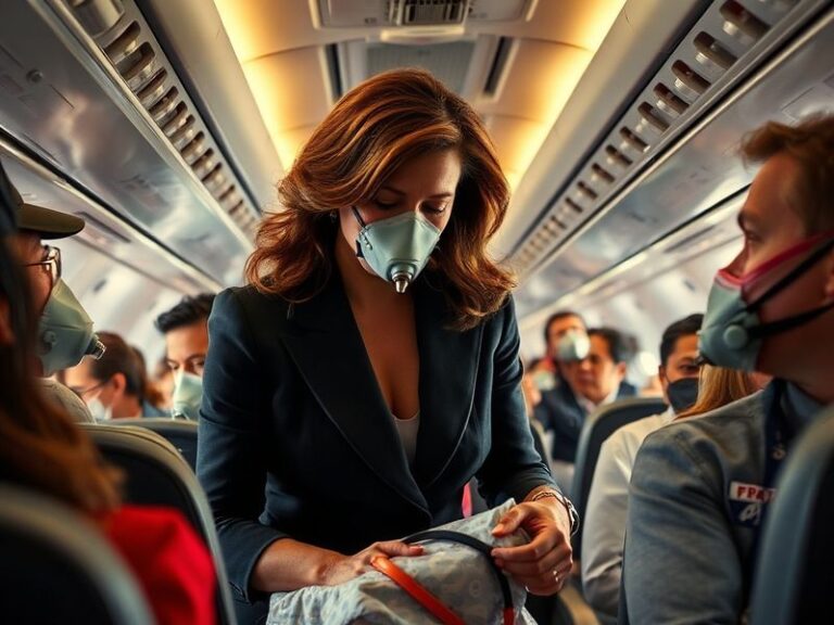 A concerned Carrie Ann Inaba on a plane, with a flight attendant assisting a passenger in the background, capturing the tensi