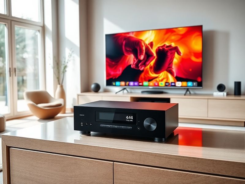 An image showcasing the Manhattan S4 R Freesat 4K TV Recorder on a modern entertainment center, with a sleek design and 4K co