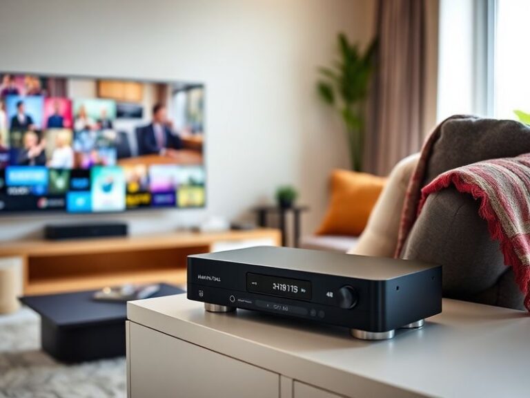 An image of the Manhattan S4 R Freesat 4K TV Recorder showcasing its sleek design and user interface, set against a modern li