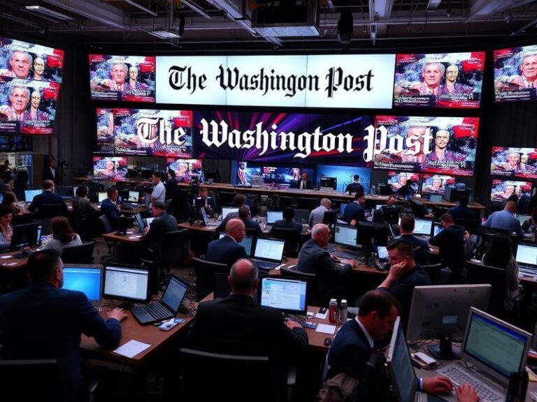 An image showcasing the iconic Washington Post building with people reading newspapers and engaging with digital devices, ref