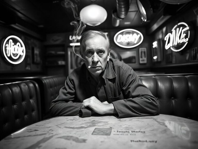 A vibrant, slightly grainy photo of John Waters in his signature leopard print jacket, standing in front of a vintage movie p