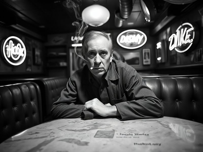 A vibrant, slightly grainy photo of John Waters in his signature leopard print jacket, standing in front of a vintage movie p