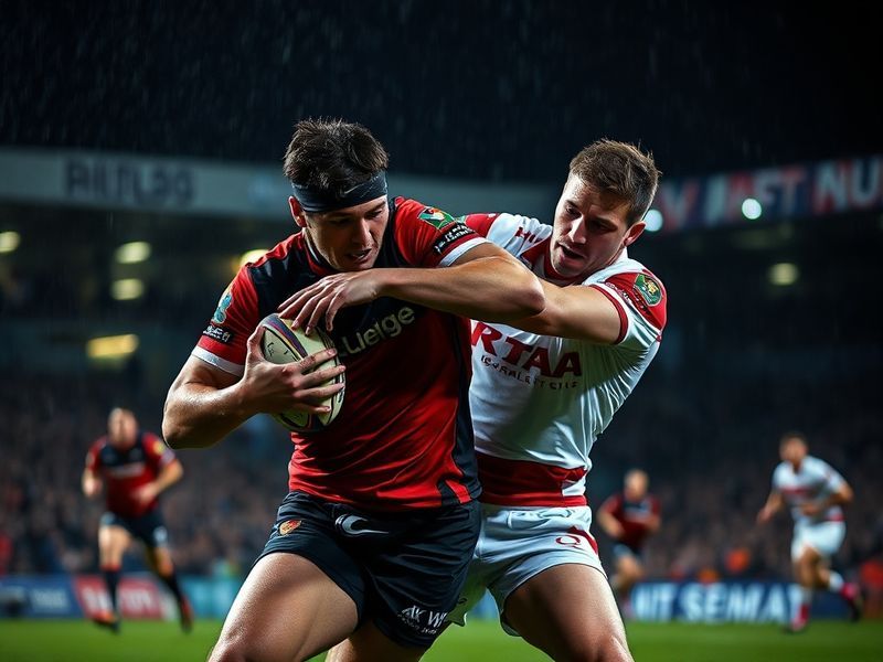 A dynamic action shot of Toulouse and Hull KR players mid-tackle at Stade Ernest-Wallon, with the French and English flags vi