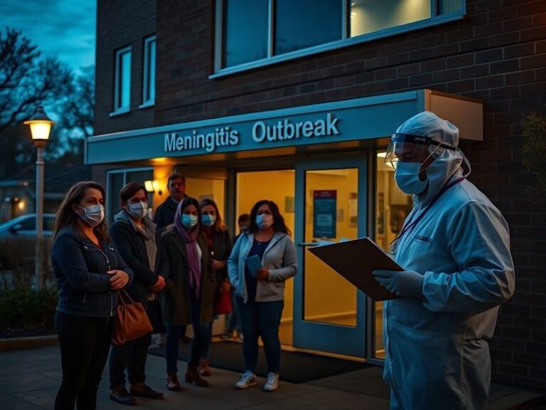 A community health worker in protective gear speaking at a press conference in Weymouth, with a school and town hall visible