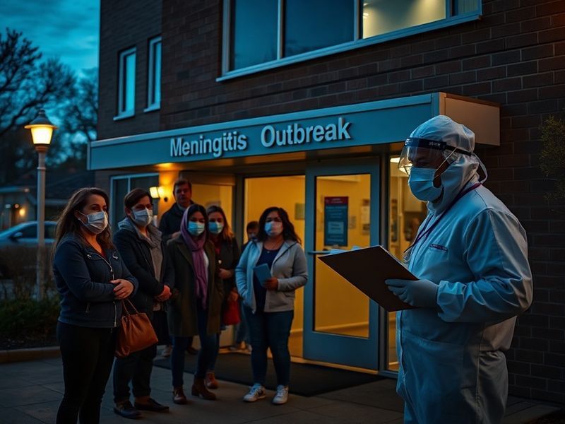 A community health worker in protective gear speaking at a press conference in Weymouth, with a school and town hall visible
