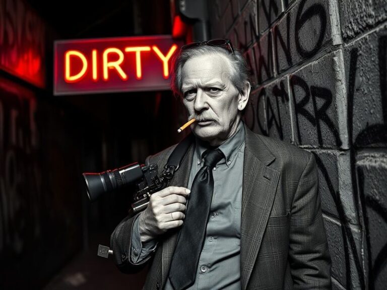 A vibrant, neon-lit portrait of John Waters in his signature leather jacket, surrounded by retro film props and a backdrop of