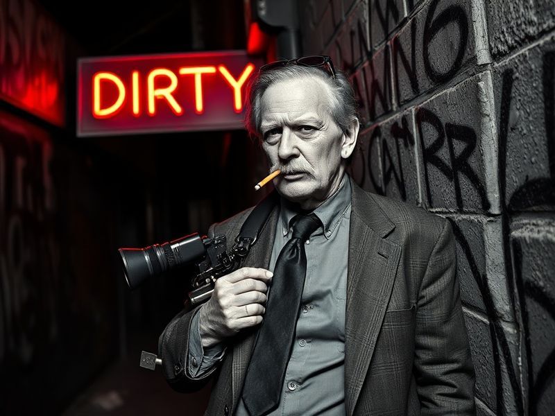 A vibrant, neon-lit portrait of John Waters in his signature leather jacket, surrounded by retro film props and a backdrop of
