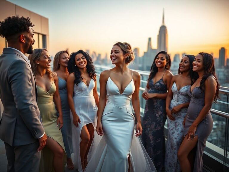 A split-screen image of a glamorous rose ceremony stage on one side and a diverse group of potential Bachelorette leads smili