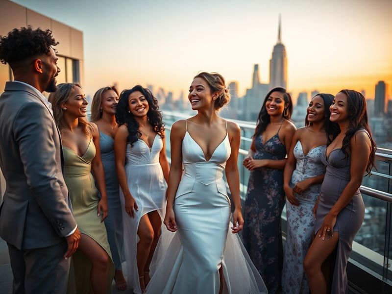 A split-screen image of a glamorous rose ceremony stage on one side and a diverse group of potential Bachelorette leads smili