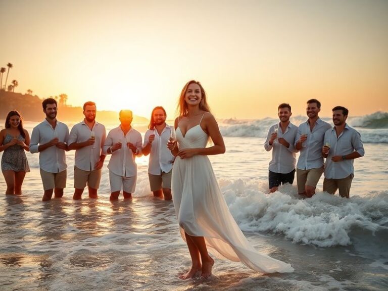 A stylized promotional image of a modern Bachelorette mansion set against a sunrise, with a diverse group of women in elegant