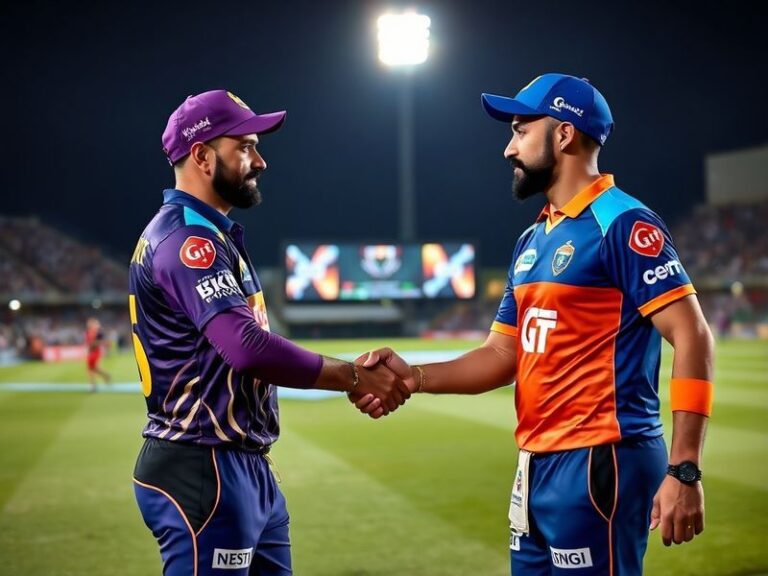 A vibrant cricket stadium packed with fans, showing both KKR's purple and gold colors and GT's blue and orange jerseys, with