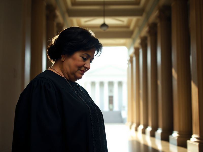 A formal portrait of Justice Sonia Sotomayor speaking at a podium, with a backdrop of the U.S. Supreme Court building. The se