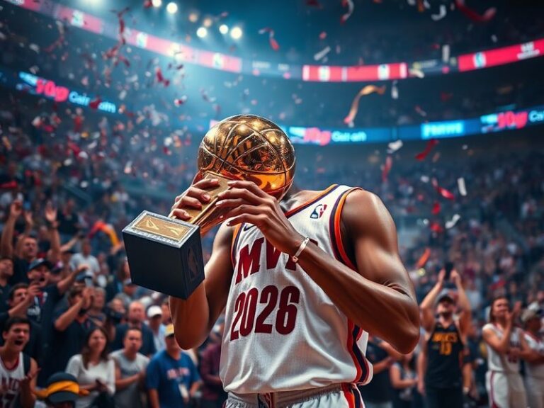 A dynamic action shot of a basketball court at night, featuring a close-up of a player in mid-air during a game. The player i