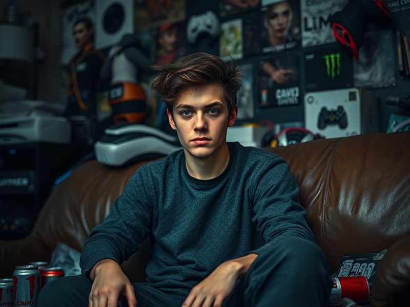 A dynamic shot of Ethan on GH mid-gameplay on a neon-lit esports stage, wearing his signature headset and gaming setup, with