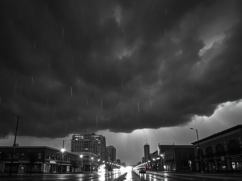 A panoramic view of Rochester, Minnesota under a dramatic sky during a winter snowfall, with visible snow-covered rooftops, b