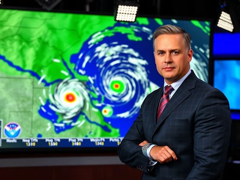 A KTTC meteorologist standing in front of a green screen with detailed radar maps, severe weather alerts visible on screen. T