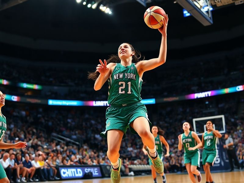 A dynamic action shot of Sue Bird in her Phoenix Mercury uniform, mid-game, with teammates in the background. The image captu