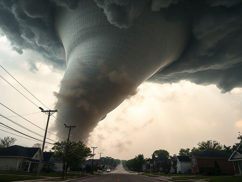 Aerial view of a residential neighborhood in Rochester, MN, showing widespread damage from an EF-2 tornado. Debris is scatter