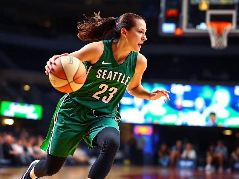 A dynamic action shot of Sue Bird mid-game, wearing the Seattle Storm jersey, with a determined expression. The background sh