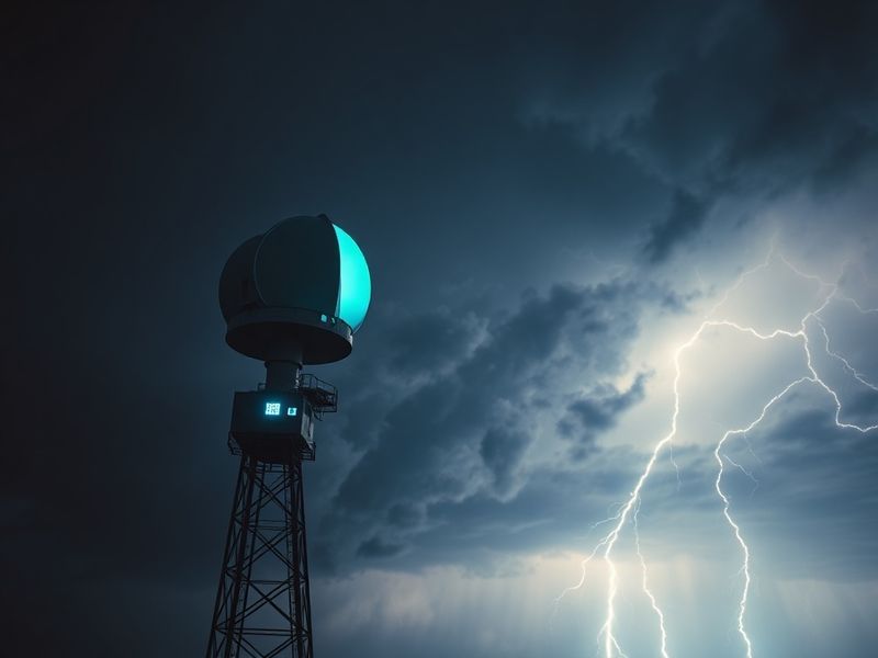 A modern weather radar dome on a coastal cliff during a stormy sunset, with lightning visible in the distance and waves crash