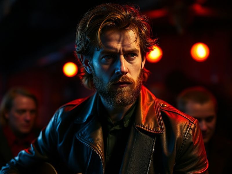 A moody studio portrait of Elijah Blue Allman playing an acoustic guitar, dressed in a vintage-inspired sweater, with warm li